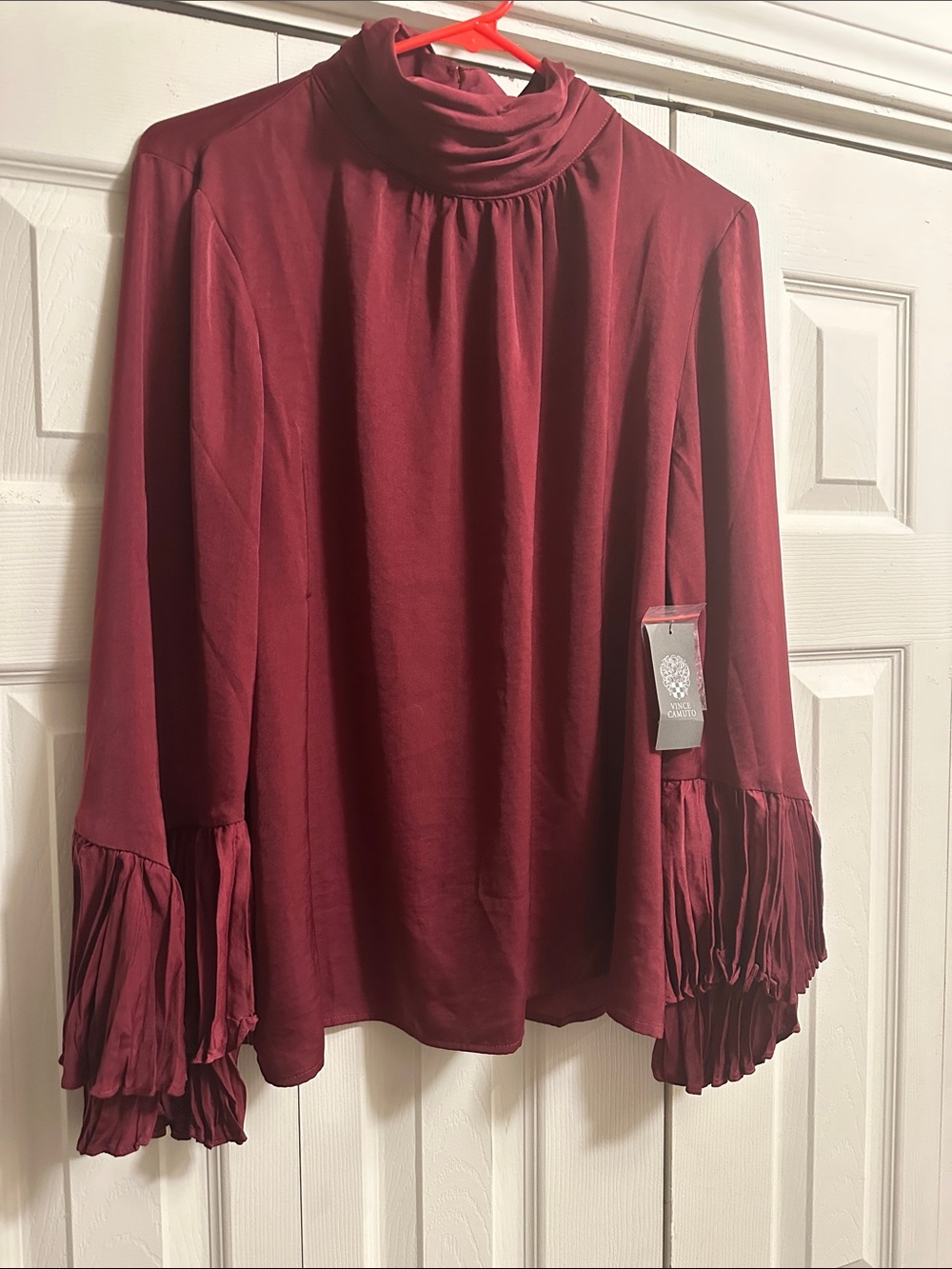 Vince Camuto Wine Turtleneck Long Sleeve Top with Pleated Bell Cuffs